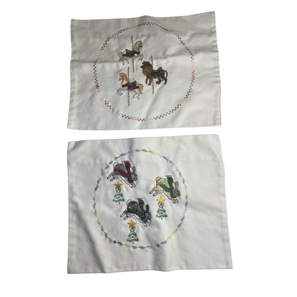 Vintage Embroidered Christmas Placemat Doily Set Of 2 Bunny Carousel Pony Lion - Picture 1 of 12